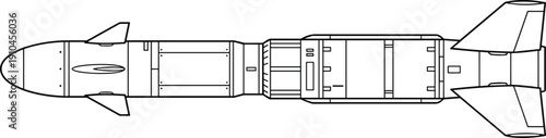 Overhead schematic blueprint of a rocket or missile with a pointed nose cone and distinct tail fins