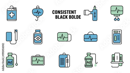 Medical equipment icons set for healthcare and science.