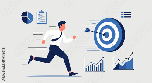 Business man running towards a target, symbolizing achievement and success in a vector illustration with charts and graphs
