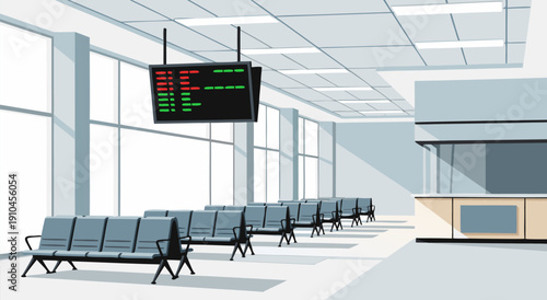Modern airport waiting area with digital display board and seating illustration vector, clean interior design