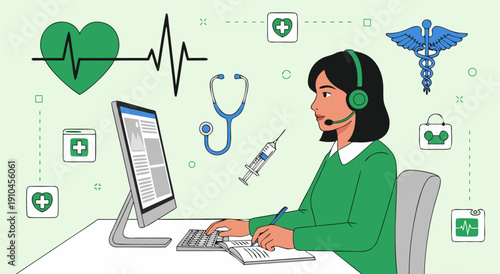 Healthcare technology concept vector illustration with professional woman wearing headset at computer, medical icons, stethoscope, and syringe