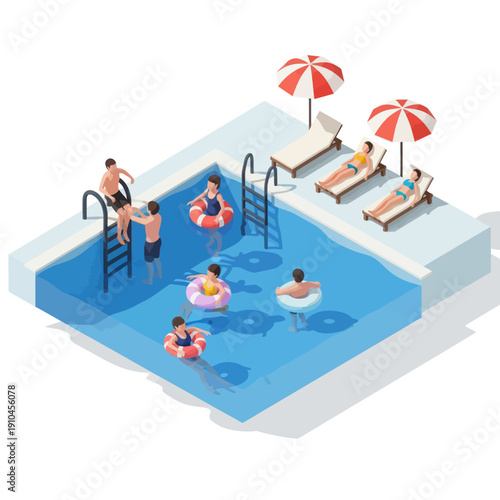 People Swimming in Pool with Umbrellas.