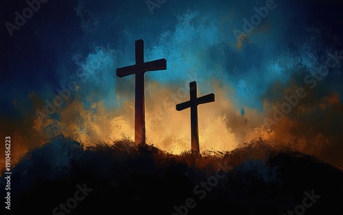 Two silhouetted crosses on a hill against a textured blue and orange sky with a golden backlight, evoking a solemn, reverent and contemplative mood
