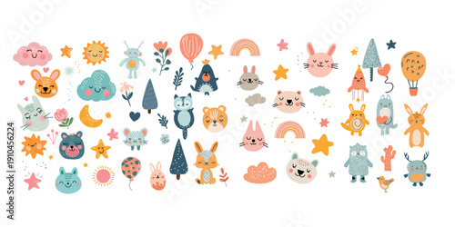 large kids illustration set with animals and toys