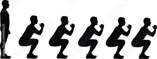 Silhouette of a man performing a series of squats, demonstrating a fitness exercise progression male