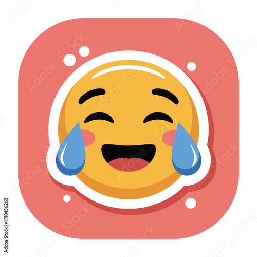 Laughing crying happy face emoji with tears of joy on pink square background icon