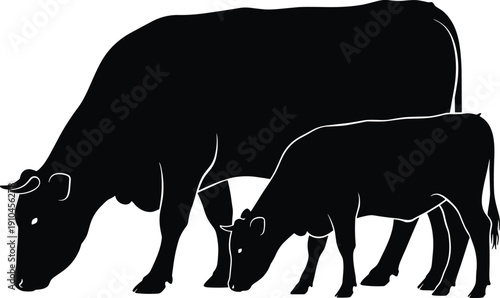 Silhouette of a mother cow and her calf grazing together in a field, representing farm life and livestock with a clean black and white aesthetic