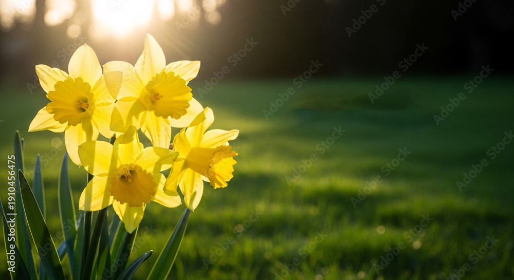 Fototapeta premium Cluster of bright yellow daffodils with sunlit green lawn background