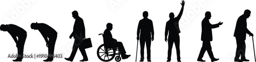 Silhouette figures illustrating human life stages and mobility, from bending to standing and using a cane