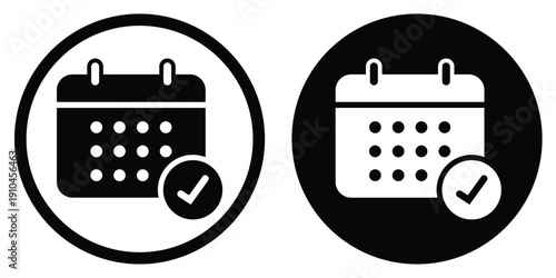 Calendar vector icon with a confirmed checkmark symbol. Set in black and white circular frames. Suitable for verified dates, completed appointments, and successful project scheduling.