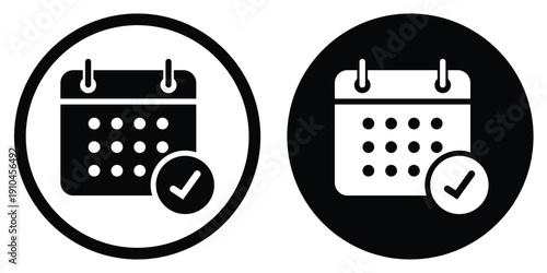 Calendar vector icon with a confirmed checkmark symbol. Set in black and white circular frames. Suitable for verified dates, completed appointments, and successful project scheduling.