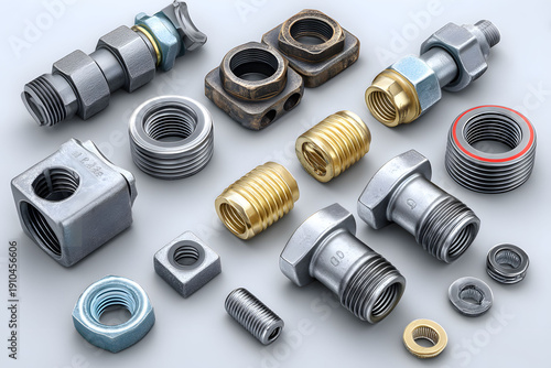 Collection of various metal plumbing fittings and connectors arranged on a neutral background, showcasing an assortment of pipe fittings, bolts, nuts, and washers in different metallic finishes, empha