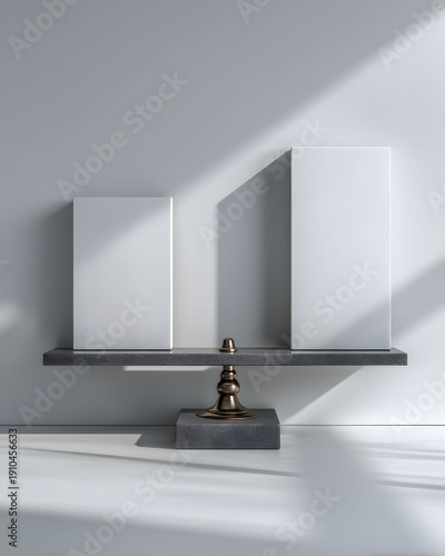 Minimalist sculpture showcasing geometric shapes on a balanced platform, set against a soft, shadowed background. the artwork emphasizes balance and symmetry, using contrasting materials for visual in