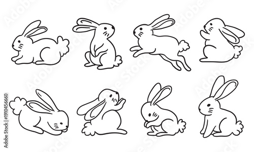 Minimal hand drawn white bunny sketch set. Suitable for coloring pages, logo elements, merchandise prints, nursery decor, and simple Easter designs.