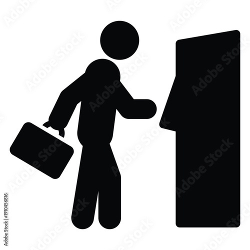 Business Traveler ATM Icon – Banking Transaction Pictogram Business person using ATM machine while holding briefcase