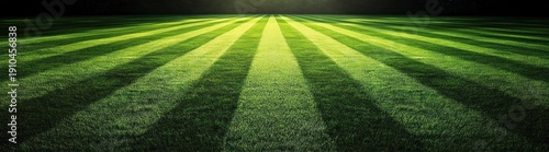 Panel kuchenny z motywem tranquil sunlit striped lawn stretching to a distant dark tree line, vibrant green symmetry and converging perspective