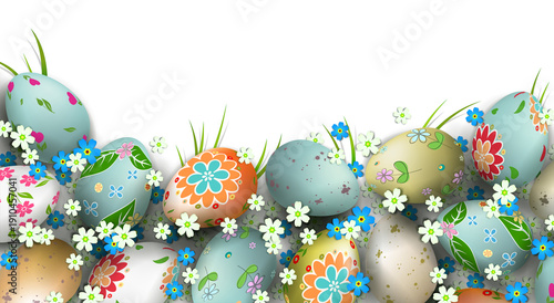 Easter composition with a silhouette of a board, eggs with a beautiful diverse pattern, flowers and willow branch.