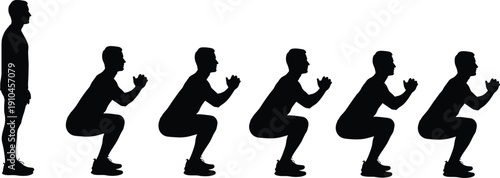 Silhouette sequence of a male figure performing a squat exercise demonstrating progression and form in fitness training and athletic movement