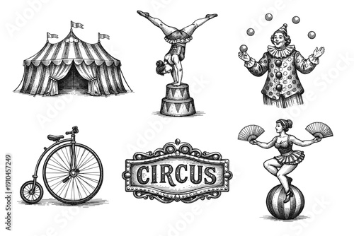Vintage circus engraving set, retro carnival performance sketches in woodcut style