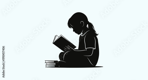 Vector illustration of a woman sitting on an office chair at a desk working on a laptop and reading a book in a professional business silhouette style