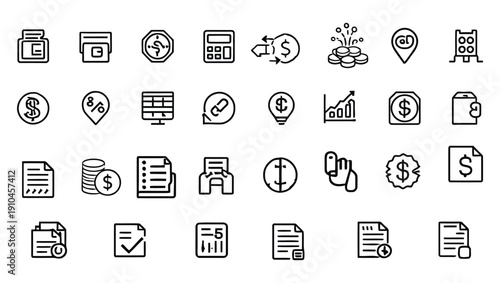 Collection of financial and business related line icons in black and white