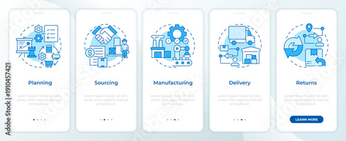 Supply chain stages blue onboarding mobile app screen. Business planning. Walkthrough 5 steps editable graphic instructions with linear concepts. UI, UX, GUI. Montserrat SemiBold, Regular fonts used