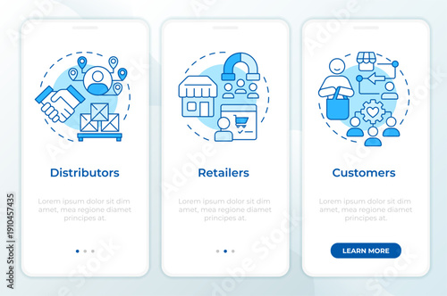 Supply chain distribution flow blue onboarding mobile app screen. Walkthrough 3 steps editable graphic instructions with linear concepts. UI, UX, GUI. Montserrat SemiBold, Regular fonts used