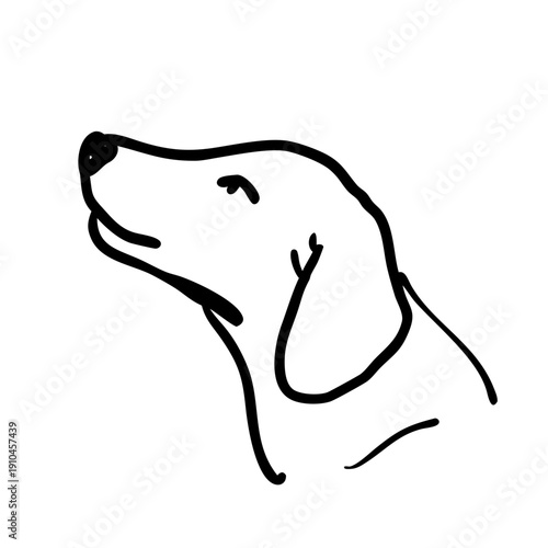 Clean outline dog sketch portraying animal head in profile, simple doodle line art dog sketch features expressive eyes and upturned nose. Ideal dog sketch for children's books, pet care branding.