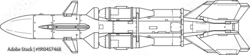 Technical line blueprint of a modern missile or rocket viewed from above against a white background illustrating aerospace engineering