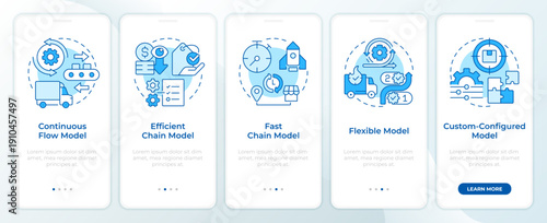 Five main supply chain models blue onboarding mobile app screen. Walkthrough 5 steps editable graphic instructions with linear concepts. UI, UX, GUI. Montserrat SemiBold, Regular fonts used