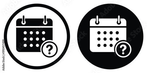 Calendar icon with a question mark symbol. Vector graphic representing unknown dates, pending schedules, tentative appointments, or inquiry for event planning in circular frames.