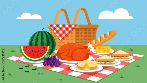 Cartoon vector illustration of a healthy summer picnic basket set featuring fresh fruits and vegetables like apples and tomatoes for a nature-themed salad diet icon