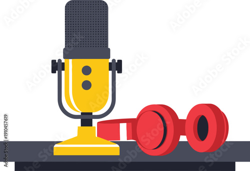 A yellow studio microphone and red headphones rest on a dark surface for broadcasting or podcasting.