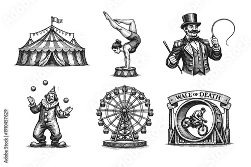 Vintage circus engraving set, retro carnival performance sketches in woodcut style