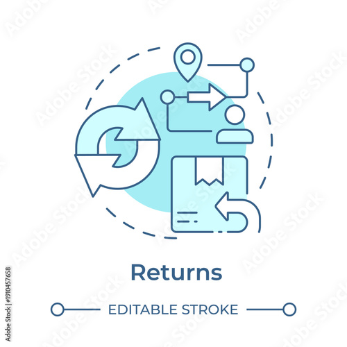 Returns soft blue concept icon. Supply chain, product delivery. Moving goods, logistics organization. Round shape line illustration. Abstract idea. Graphic design. Easy to use in presentation