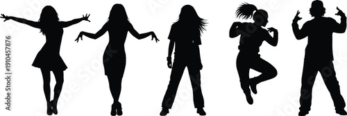Silhouette group of five dancers in diverse expressive poses, artistic vector illustration representing choreography, rhythm, performance, fitness, and creative motion themes