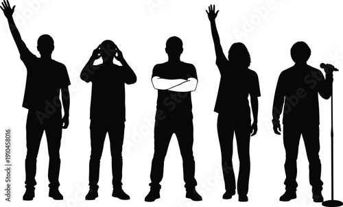 Silhouette group of five performers with microphone and expressive poses, artistic vector illustration representing concert, entertainment, music, and stage performance themes