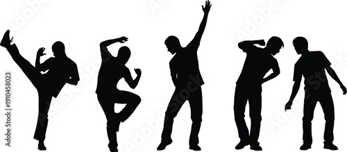 Silhouette group of five people in expressive dance and movement poses, artistic vector illustration representing performance, choreography, fitness, and creative motion themes