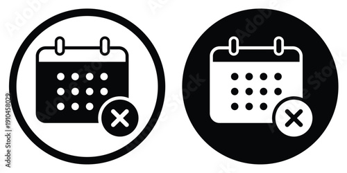 Calendar vector icon with a rejected "X" cross mark. Circular frame design for both light and dark modes. Perfect for cancelled events, declined meetings, or expired dates.