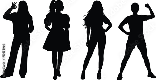Silhouette group of four diverse individuals in expressive standing poses, artistic vector illustration symbolizing confidence, individuality, empowerment, and stylish fashion themes