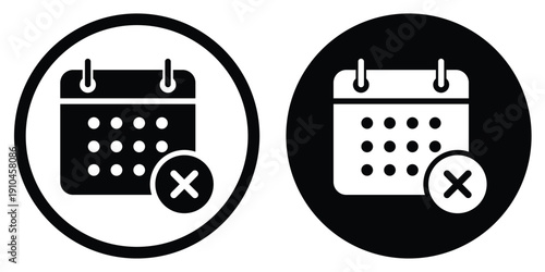 Calendar vector icon with a rejected "X" cross mark. Circular frame design for both light and dark modes. Perfect for cancelled events, declined meetings, or expired dates.