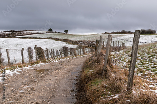 Rural road between snow-covered grazing fields. Aezkoa Valley, Navarre
