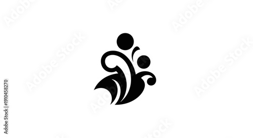 Abstract black logo design with flowing elements and circles.