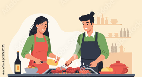 Couple preparing a barbecue on a grill with food items on the side
