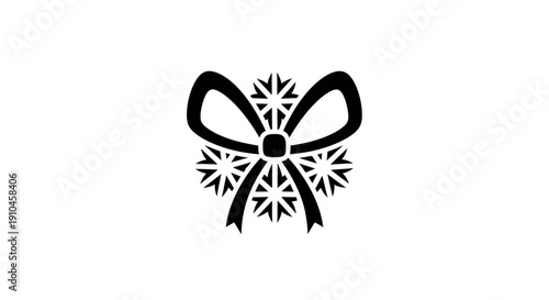 Black snowflake with ribbon bow on white background.