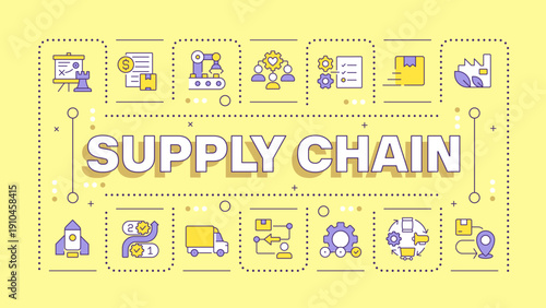 Supply chain yellow word concept. Resources management, production industry. Logistics organization. Typography banner. Vector illustration with title text, editable icons color. Hubot Sans font used