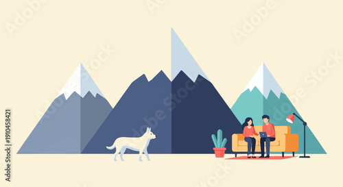 Couple on couch with dog and mountains in background