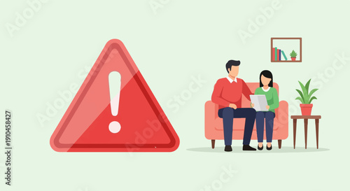Couple looking at document with warning sign