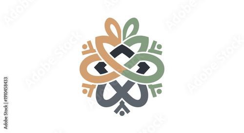 Stylized intertwined abstract shapes forming a decorative emblem.