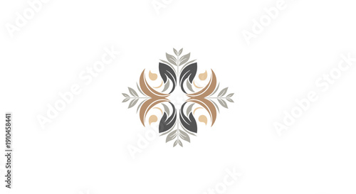 Elegant symmetrical logo design with floral elements in shades of gold, silver, and black.